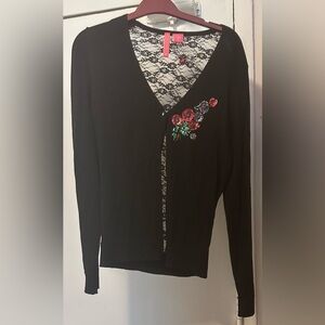 Black Cardigan with Floral Embroidery
